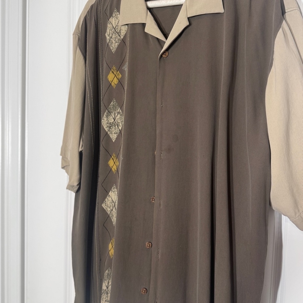 Brown and Beige Short Sleeve Shirt with Argyle Pattern